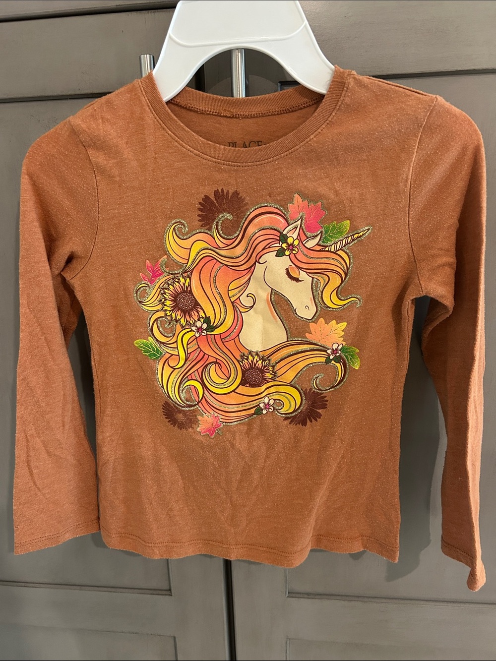 Place Rust Orange Long-Sleeve Unicorn Top with Multicolor Mane